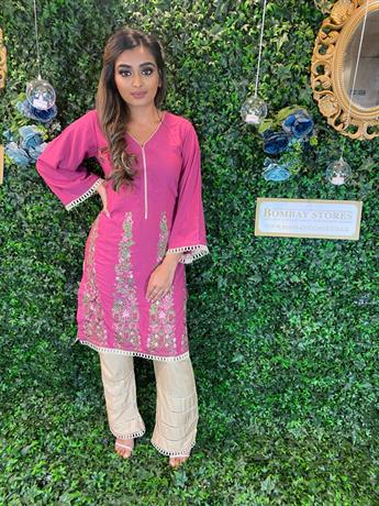 Pink & Gold Embroidered Chiffon Karandi Fabric 3 Piece Readymade Suit with Dupatta