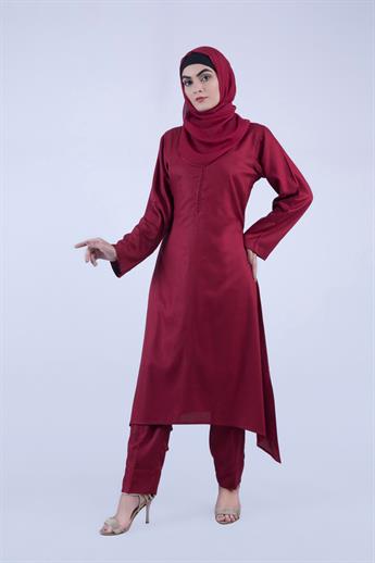 Maroon 3 Piece Kameez with Chiffon Dupatta & Trouser