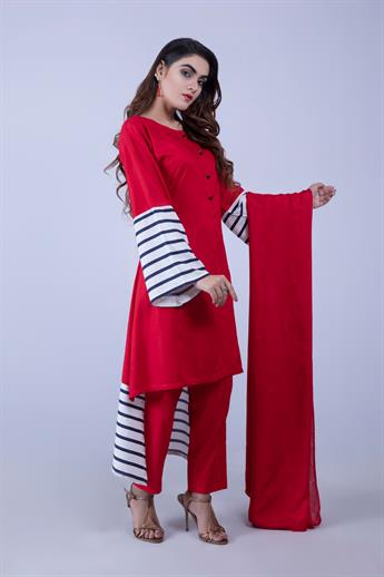 Red Maroon Readymade Suit with Chiffon Dupatta & Trouser