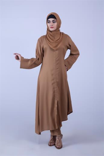 Camel 3 Piece Linen Suit with Chiffon Dupatta & Trouser