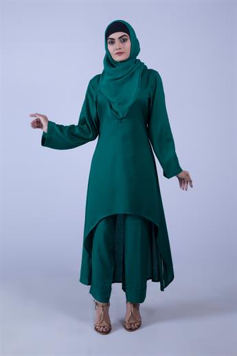 Bottle Green Linen Suit with Chiffon Dupatta & Trouser