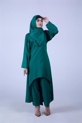 Bottle Green Linen Suit with Chiffon Dupatta & Trouser