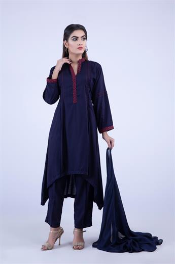 Navy Blue Embroidered Chiffon A-Line Red Beautiful Linen 3 Piece Readymade Salwar Suit