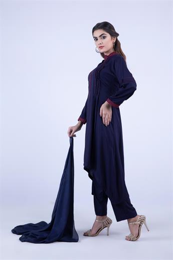 Navy Blue Embroidered Chiffon A-Line Red Beautiful Linen 3 Piece Readymade Salwar Suit