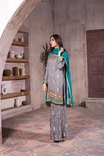 Dark Grey 3 Piece Embroidered Kameez & Silk Gharara