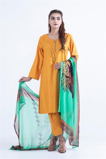 Mustard Digital Print Skin Linen 3 Piece Ladies Readymade Salwar Suit