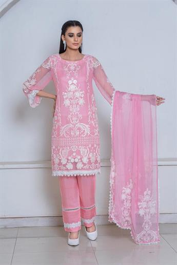 Pink Embroidered Chiffon Ladies Readymade