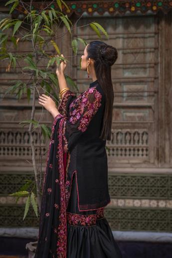 Black Embroidered Chiffon Gharara Ladies Readymade