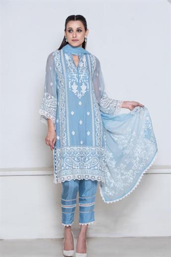 Blue Embroidered Chiffon Ladies Readymade