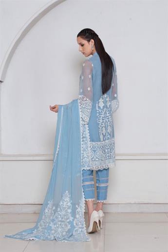Blue Embroidered Chiffon Ladies Readymade
