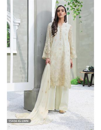 Cream Chiffon 3 Piece Embroidered Shirt with Cotton Trouser