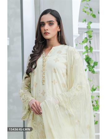 Cream Chiffon 3 Piece Embroidered Shirt with Cotton Trouser