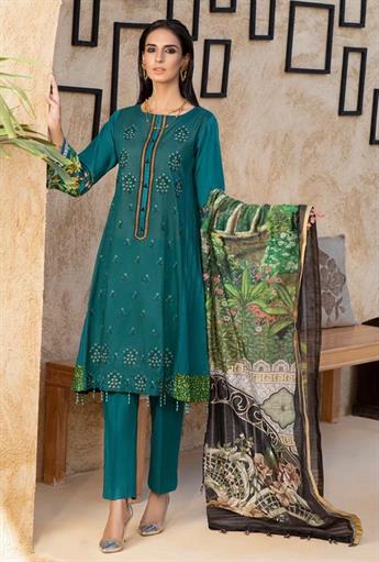 Sea Green Lawn Blue Embroidered Shirt with Dupatta & Dyed Trouser