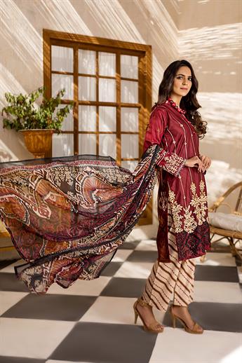 Maroon Embroidered Chiffon 3 Piece Printed Lawn Readymade Salwar Suit