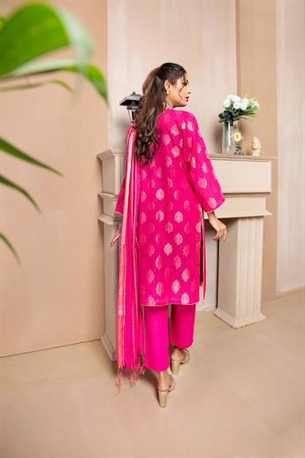 Hot Pink Mirror Work Print Cotton Suit with Dupatta and Trouser