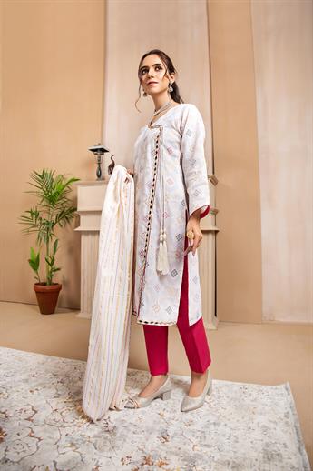 Cream Print Cotton Suit with Dupatta and Trouser