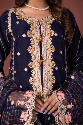 Navy Blue Green Organza Stunning Embroidered 3 Piece Salwar Suit