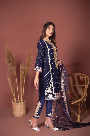 Navy Blue Green Organza Stunning Embroidered 3 Piece Salwar Suit