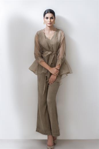 Olive Raw Silk Organza Shirt with Kameez and Trouser