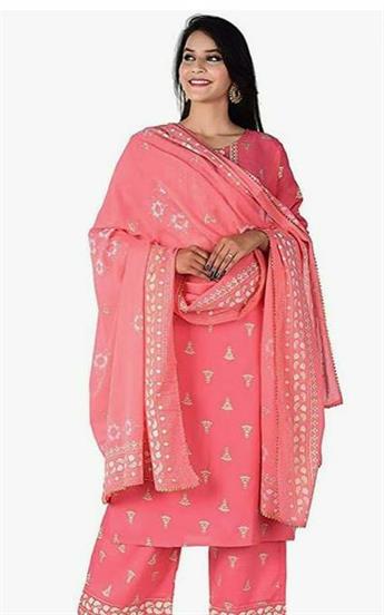 Pink Readymade 3 Piece Kurta with Palazzo & Dupatta