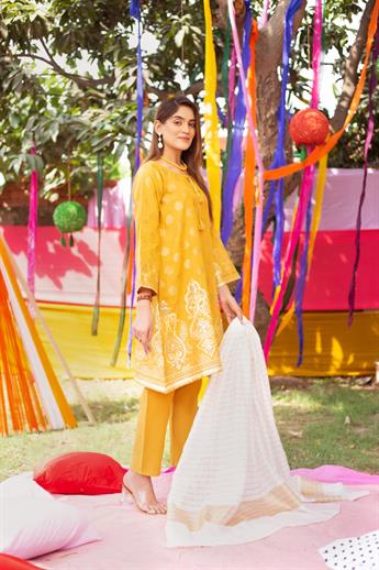 Mustard Jacquard 3 Piece Cotton Printed Suit with Dupatta