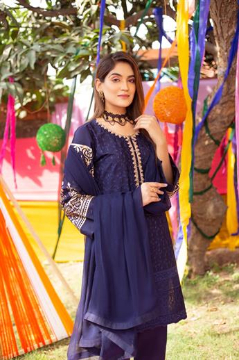 Navy Blue Chiffon 3 Piece Pink Embroidered Kameez with Dupatta & Trouser