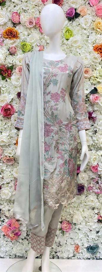 Light Mint Stone Work Chiffon Ladies Readymade