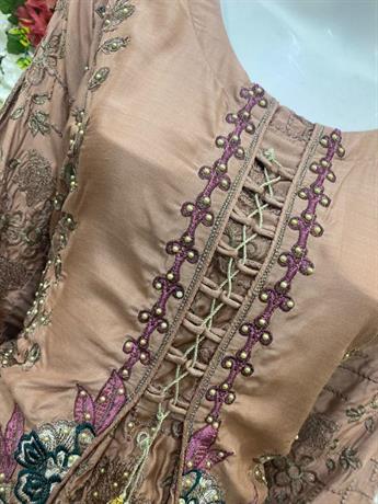 Coffee Embroidered Chiffon Ladies Readymade