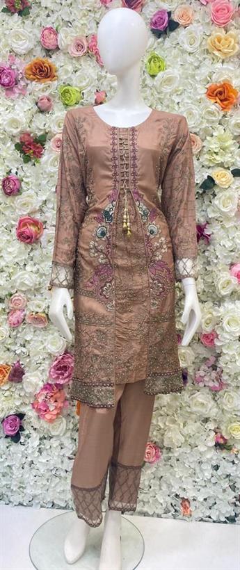 Coffee Embroidered Chiffon Ladies Readymade