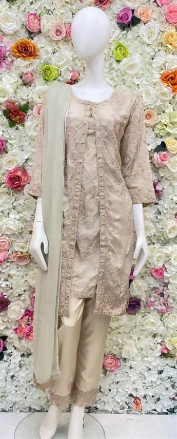 Cream Stone Work Chiffon Ladies Readymade