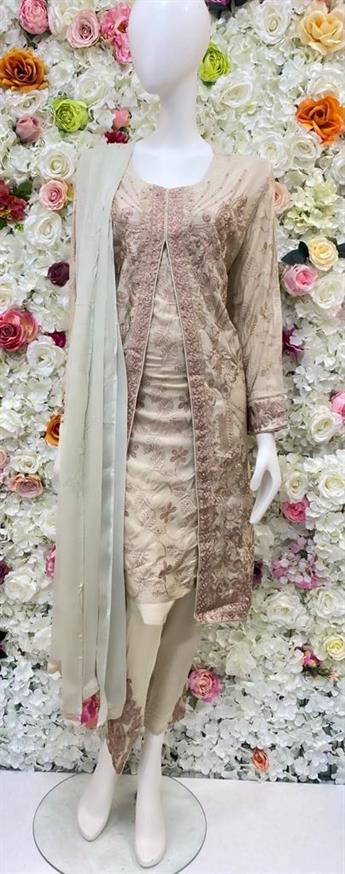 Cream Stone Work Chiffon Ladies Readymade
