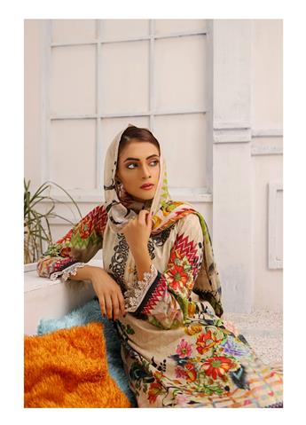 Cream & Green Embroidered Chiffon Cream/Green 3 Piece Readymade Lawn Suit with Dupatta