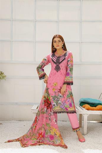Pink & Black Embroidered Chiffon 3 Piece Pink/Black Readymade Lawn Suit with Dupatta