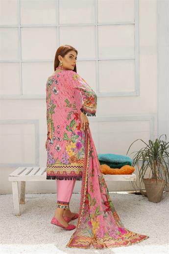 Pink & Black Embroidered Chiffon 3 Piece Pink/Black Readymade Lawn Suit with Dupatta
