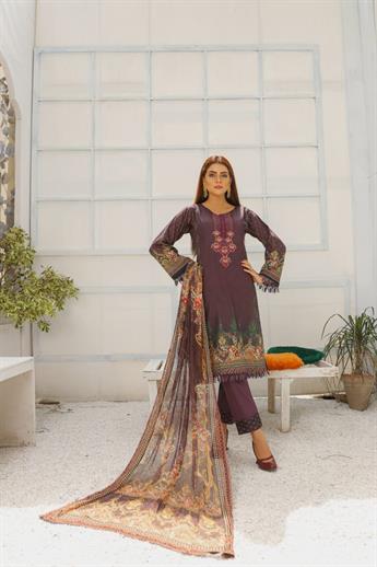 Plum & Purple Embroidered Chiffon Plum/Purple 3 Piece Readymade Lawn Suit with Dupatta