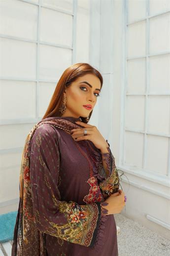 Plum & Purple Embroidered Chiffon Plum/Purple 3 Piece Readymade Lawn Suit with Dupatta