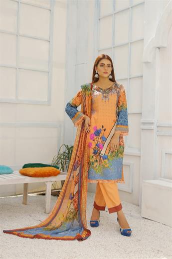 Peach Embroidered 3 Piece Readymade Lawn Suit & Chiffon Dupatta