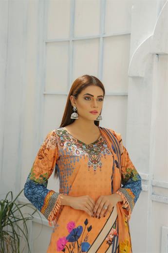 Peach Embroidered 3 Piece Readymade Lawn Suit & Chiffon Dupatta