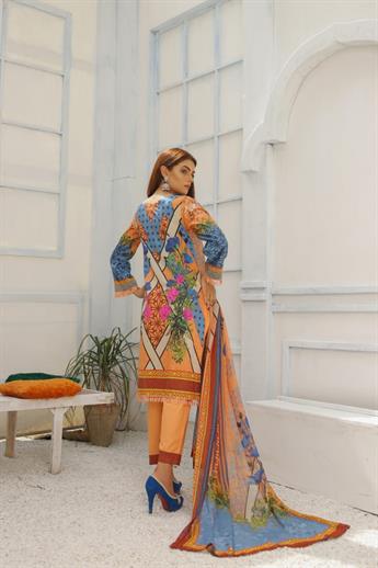 Peach Embroidered 3 Piece Readymade Lawn Suit & Chiffon Dupatta