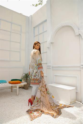 Cream & Grey Embroidered Cream/Grey Readymade Lawn Suit & Chiffon Dupatta