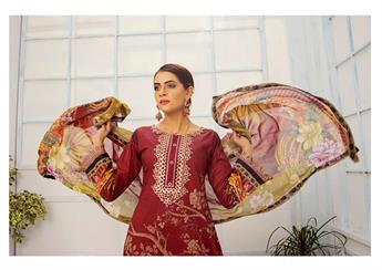 Maroon Embroidered 3 Piece Readymade Lawn Suit & Chiffon Dupatta