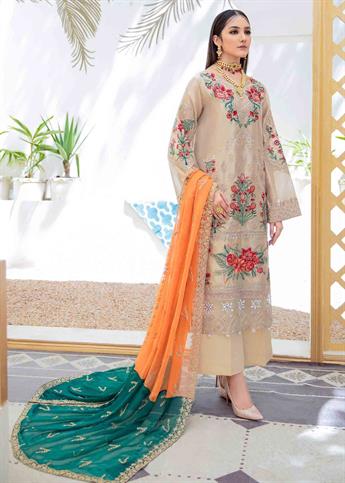 Rose Gold Raw Silk 3 Piece Premium Embroidered Organza Suit