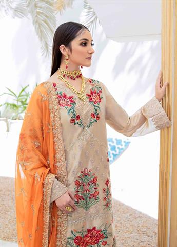 Rose Gold Raw Silk 3 Piece Premium Embroidered Organza Suit