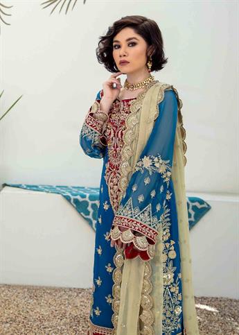 Blue Embroidered Raw Silk Ladies Readymade