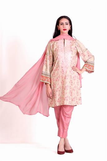 Pink Embroidered Chiffon Ladies Readymade