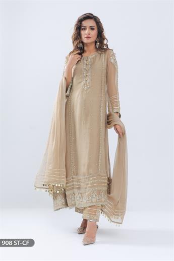 Length / Small size 52 inch
Color  / Skin
Stuff /  Chiffon
Shirt /  Embroidered, Tilla Embroidere
