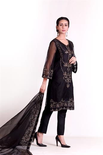 Black 3 Piece Embroidered Organza Kameez & Trouser