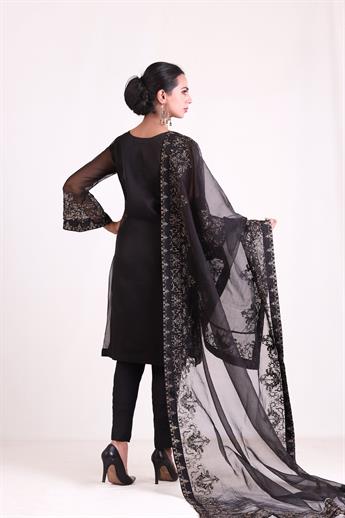 Black 3 Piece Embroidered Organza Kameez & Trouser