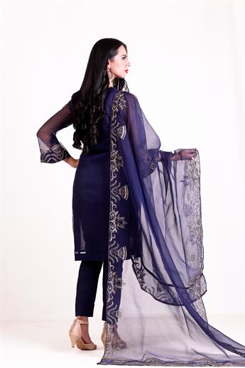 Navy Blue Embroidered Organza Ladies Readymade
