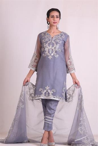 Grey Embroidered Organza Ladies Readymade